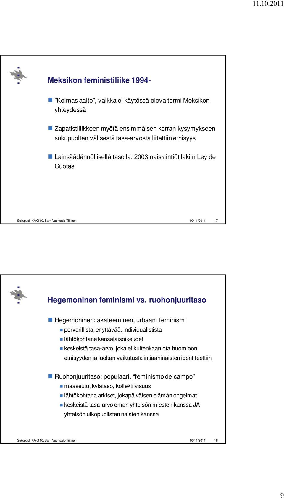 ruohonjuuritaso Hegemoninen: akateeminen, urbaani feminismi porvarillista, eriyttävää, individualistista lähtökohtana kansalaisoikeudet keskeistä tasa-arvo, joka ei kuitenkaan ota huomioon etnisyyden