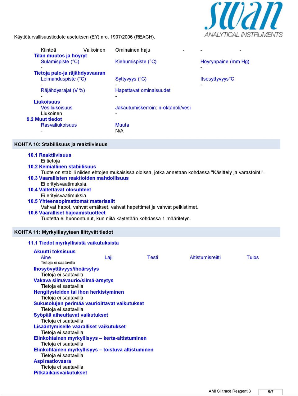 1 Reaktiivisuus 10.2 Kemiallinen stabiilisuus Tuote on stabiili niiden ehtojen mukaisissa oloissa, jotka annetaan kohdassa "Käsittely ja varastointi". 10.3 Vaarallisten reaktioiden mahdollisuus 10.