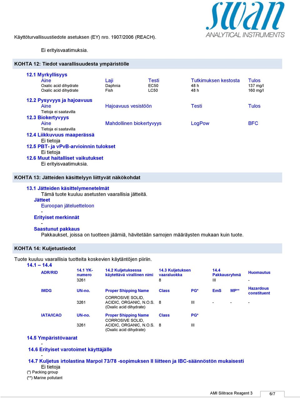 2 Pysyvyys ja hajoavuus Aine Hajoavuus vesistöön Testi Tulos 12.3 Biokertyvyys Aine Mahdollinen biokertyvyys LogPow BFC 12.4 Liikkuvuus maaperässä 12.5 PBT ja vpvbarvioinnin tulokset 12.