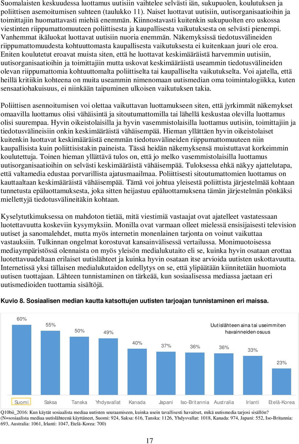 Kiinnostavasti kuitenkin sukupuolten ero uskossa viestinten riippumattomuuteen poliittisesta ja kaupallisesta vaikutuksesta on selvästi pienempi. Vanhemmat ikäluokat luottavat uutisiin nuoria enemmän.