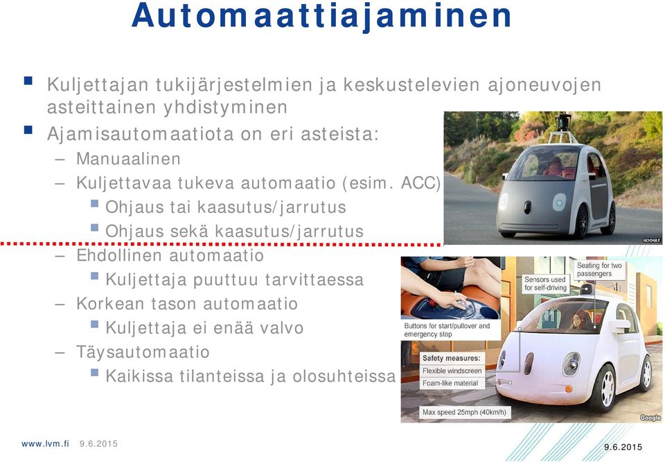 ACC) Ohjaus tai kaasutus/jarrutus Ohjaus sekä kaasutus/jarrutus Ehdollinen automaatio Kuljettaja