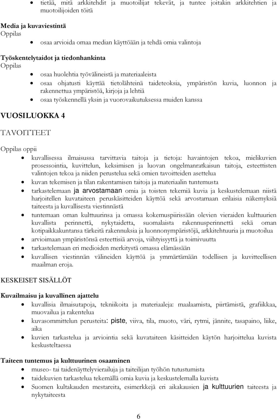 työskennellä yksin ja vuorovaikutuksessa muiden kanssa VUOSILUOKKA 4 TAVOITTEET oppii kuvallisessa ilmaisussa tarvittavia taitoja ja tietoja: havaintojen tekoa, mielikuvien prosessointia, kuvittelun,