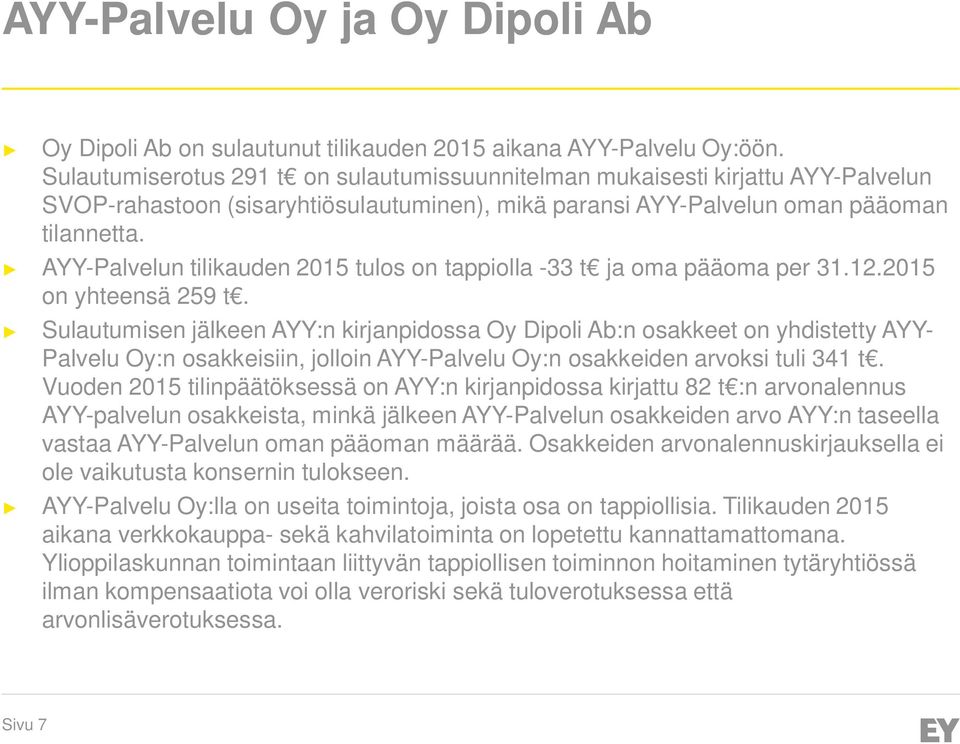 AYY-Palvelun tilikauden 2015 tulos on tappiolla -33 t ja oma pääoma per 31.12.2015 on yhteensä 259 t.