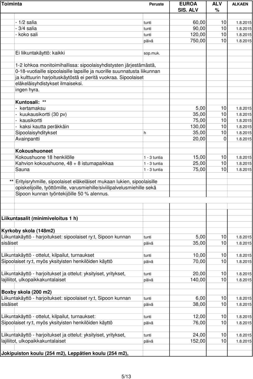 Sipoolaiset eläkeläisyhdistykset ilmaiseksi. ingen hyra. Kuntosali: ** - kertamaksu 5,00 10 1.8.2015 - kuukausikortti (30 pv) 35,00 10 1.8.2015 - kausikortti 75,00 10 1.8.2015 - kaksi kautta peräkkäin 130,00 10 1.