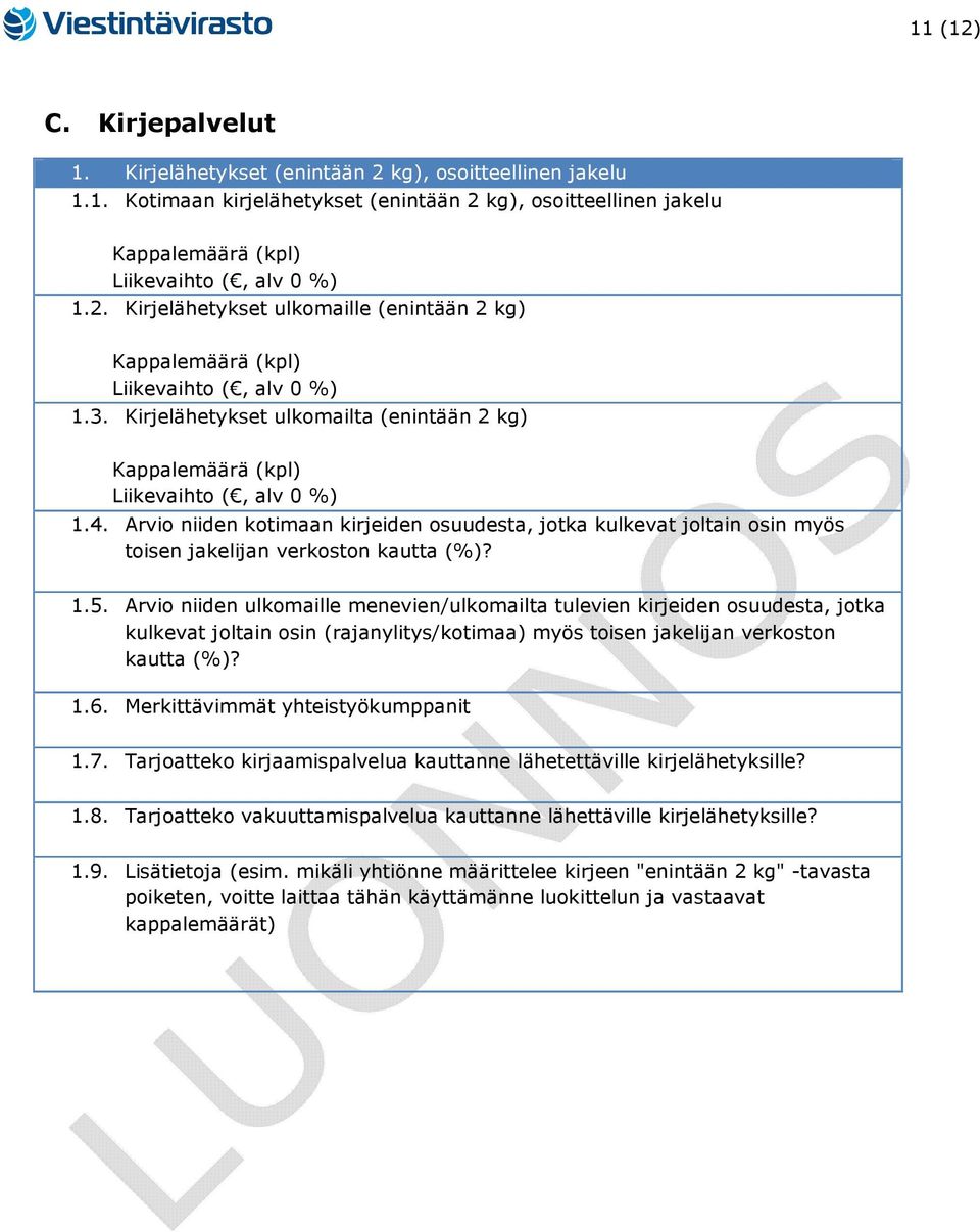 Arvio niiden ulkomaille menevien/ulkomailta tulevien kirjeiden osuudesta, jotka kulkevat joltain osin (rajanylitys/kotimaa) myös toisen jakelijan verkoston kautta (%)? 1.6.