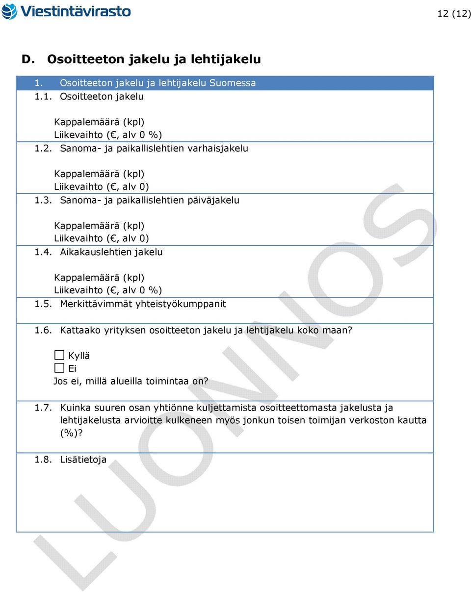 Kattaako yrityksen osoitteeton jakelu ja lehtijakelu koko maan? Kyllä Jos ei, millä alueilla toimintaa on? 1.7.