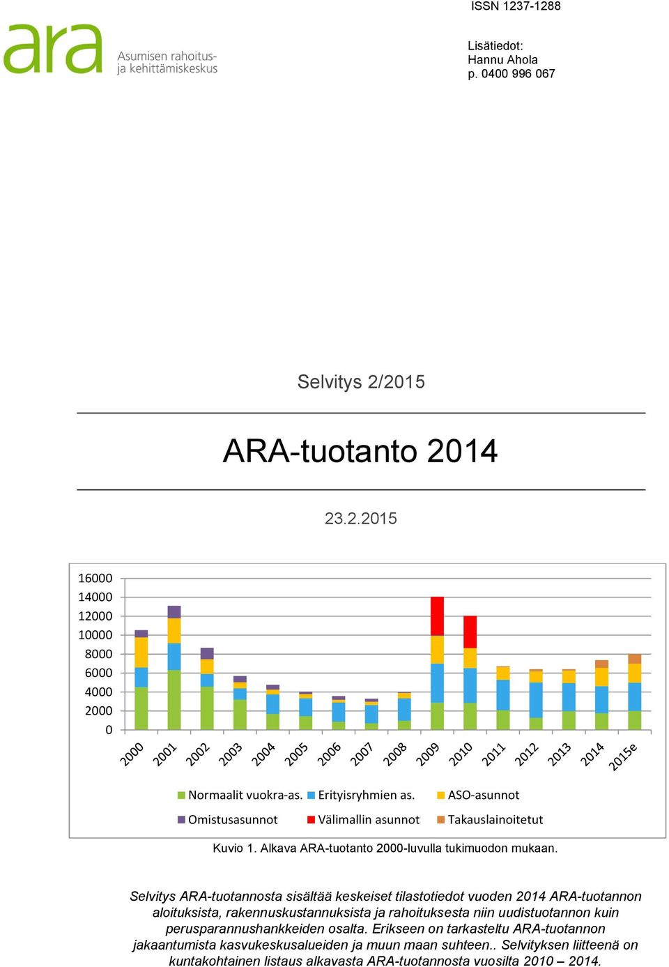 Selvitys ARA-tuotannosta sisältää keskeiset tilastotiedot vuoden 2014 ARA-tuotannon aloituksista, rakennuskustannuksista ja rahoituksesta niin uudistuotannon kuin