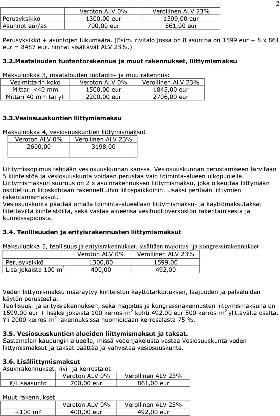 Maatalouden tuotantorakennus ja muut rakennukset, liittymismaksu Maksuluokka 3, maatalouden tuotanto- ja muu rakennus: Vesimittarin koko Mittari <40 mm 1500,00 eur 1845,00 eur Mittari 40 mm tai yli