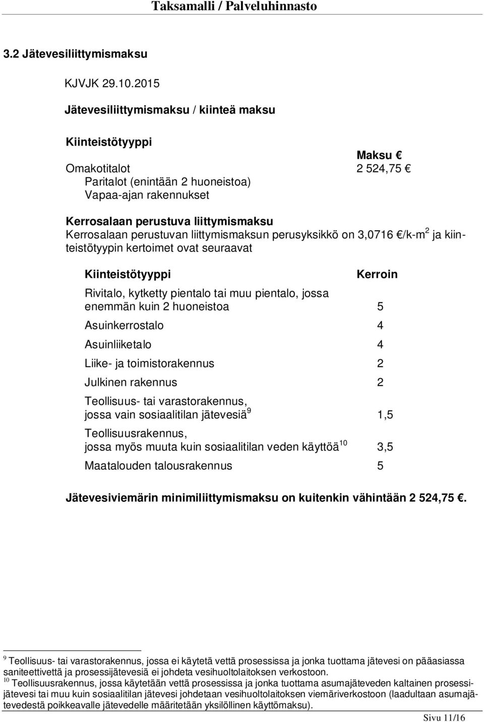 jossa enemmän kuin 2 huoneistoa 5 Asuinkerrostalo 4 Asuinliiketalo 4 Liike- ja toimistorakennus 2 Julkinen rakennus 2 Teollisuus- tai varastorakennus, jossa vain sosiaalitilan jätevesiä 9 1,5