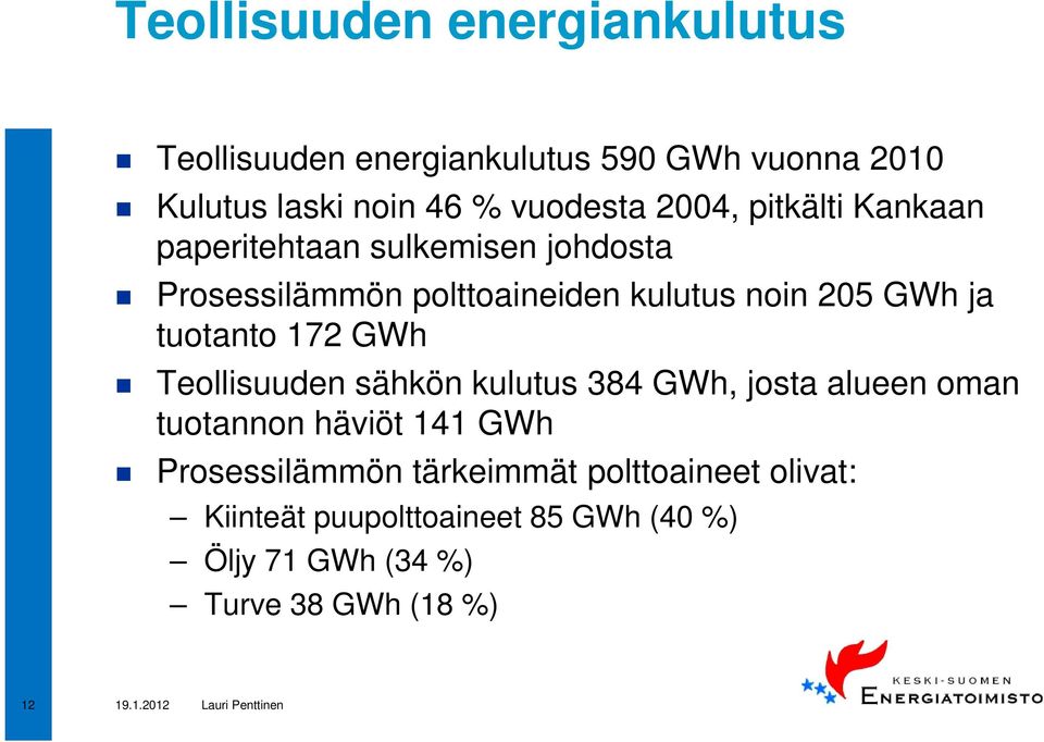 tuotanto 172 GWh Teollisuuden sähkön kulutus 384 GWh, josta alueen oman tuotannon häviöt 141 GWh Prosessilämmön