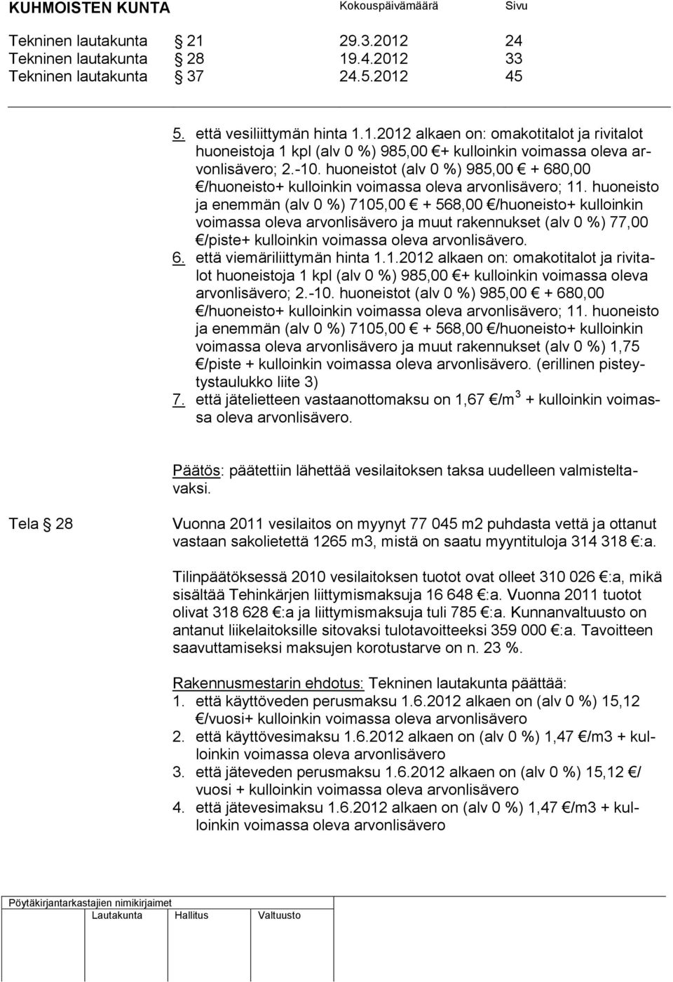 1.2012 alkaen on: omakotitalot ja rivitalot huoneistoja 1 kpl (alv 0 %) 985,00 + kulloinkin voimassa oleva arvonlisävero; 2.-10. huoneistot (alv 0 %) 985,00 + 680,00 /huoneisto+ kulloinkin ; 11.