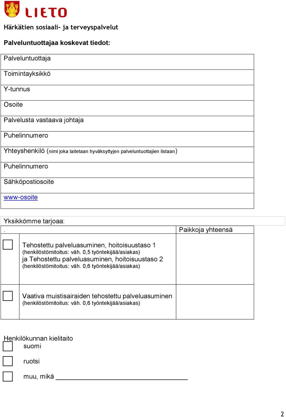 Paikkoja yhteensä Tehostettu palveluasuminen, hoitoisuustaso 1 (henkilöstömitoitus: väh.