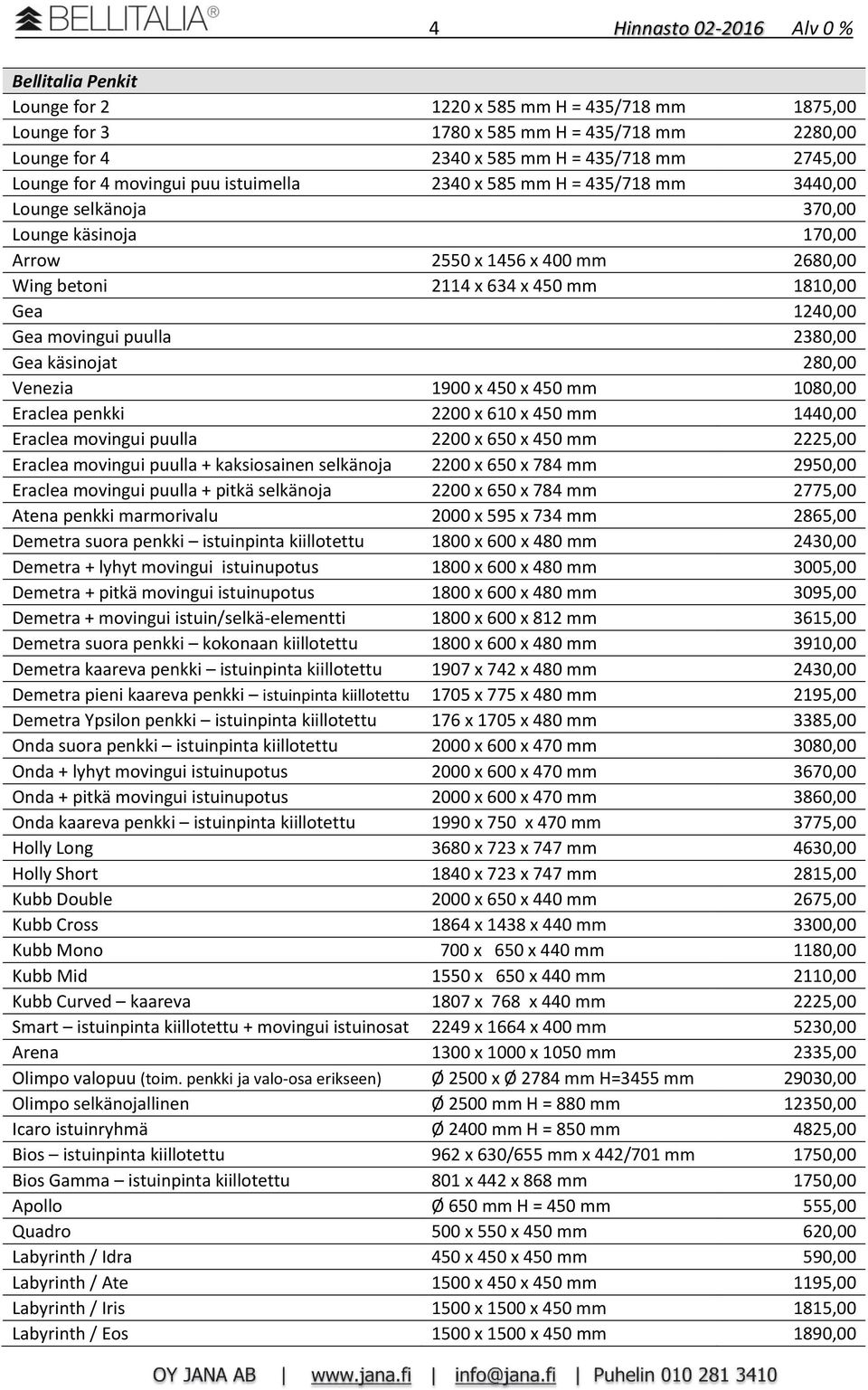 1240,00 Gea movingui puulla 2380,00 Gea käsinojat 280,00 Venezia 1900 x 450 x 450 mm 1080,00 Eraclea penkki 2200 x 610 x 450 mm 1440,00 Eraclea movingui puulla 2200 x 650 x 450 mm 2225,00 Eraclea