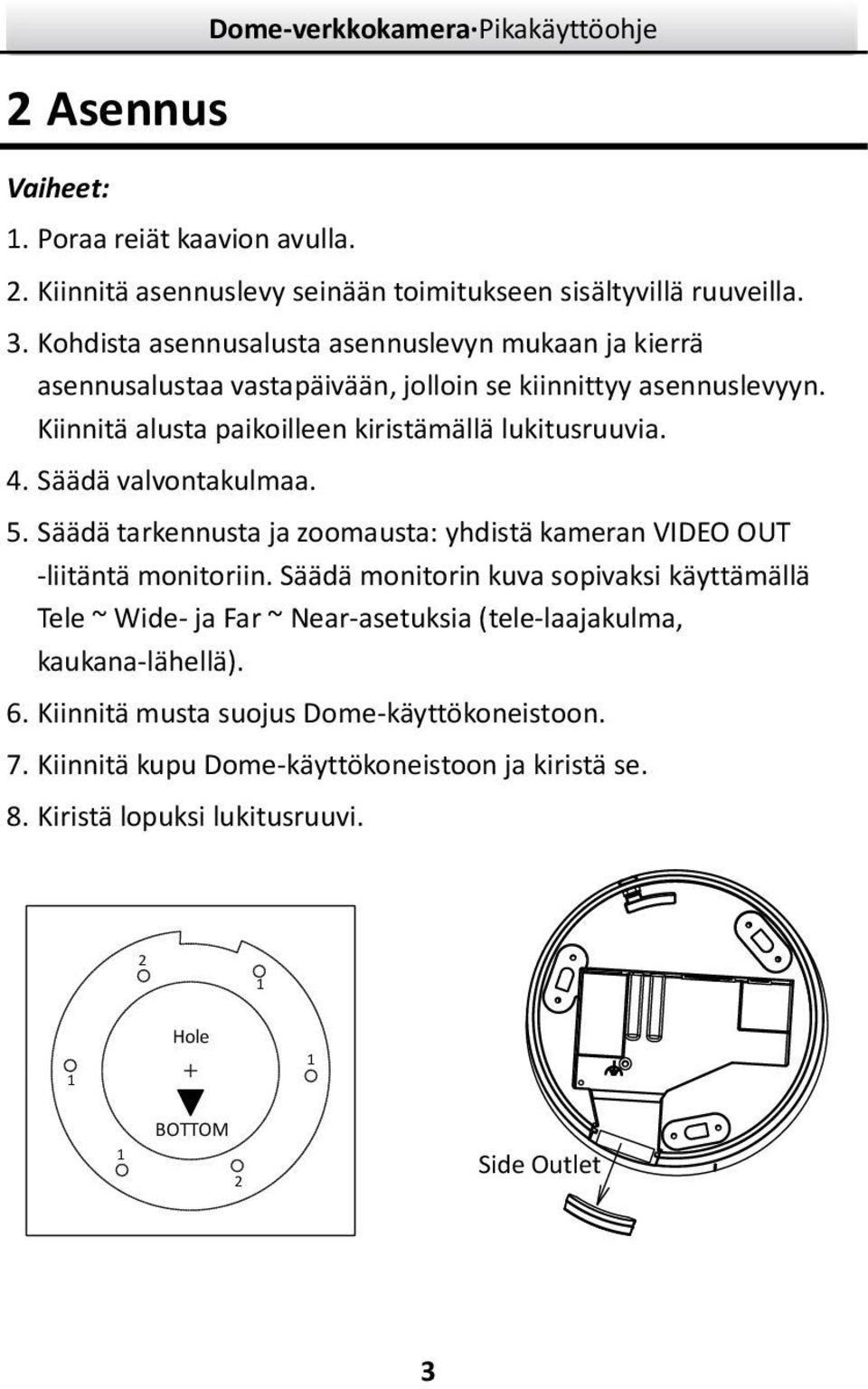 Säädä valvontakulmaa. 5. Säädä tarkennusta ja zoomausta: yhdistä kameran VIDEO OUT -liitäntä monitoriin.