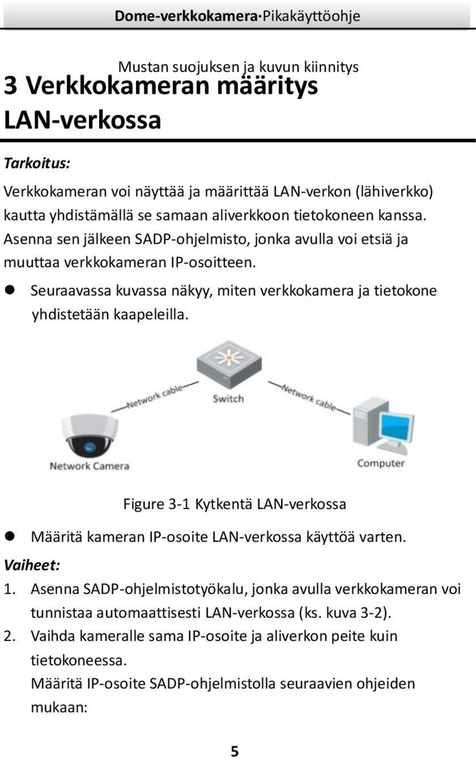 Seuraavassa kuvassa näkyy, miten verkkokamera ja tietokone yhdistetään kaapeleilla. Figure 3- Kytkentä LAN-verkossa Määritä kameran IP-osoite LAN-verkossa käyttöä varten. Vaiheet:.