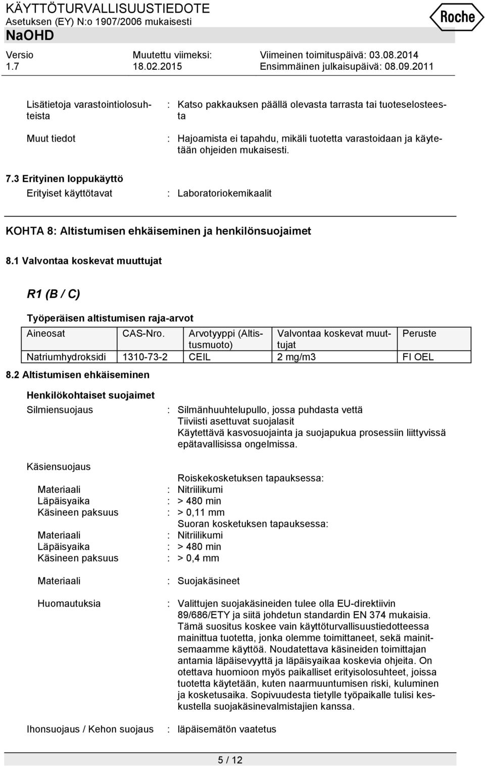 1 Valvontaa koskevat muuttujat Työperäisen altistumisen raja-arvot Aineosat CAS-Nro. Arvotyyppi (Altistusmuototujat Valvontaa koskevat muut- Peruste Natriumhydroksidi 1310-73-2 CEIL 2 mg/m3 FI OEL 8.