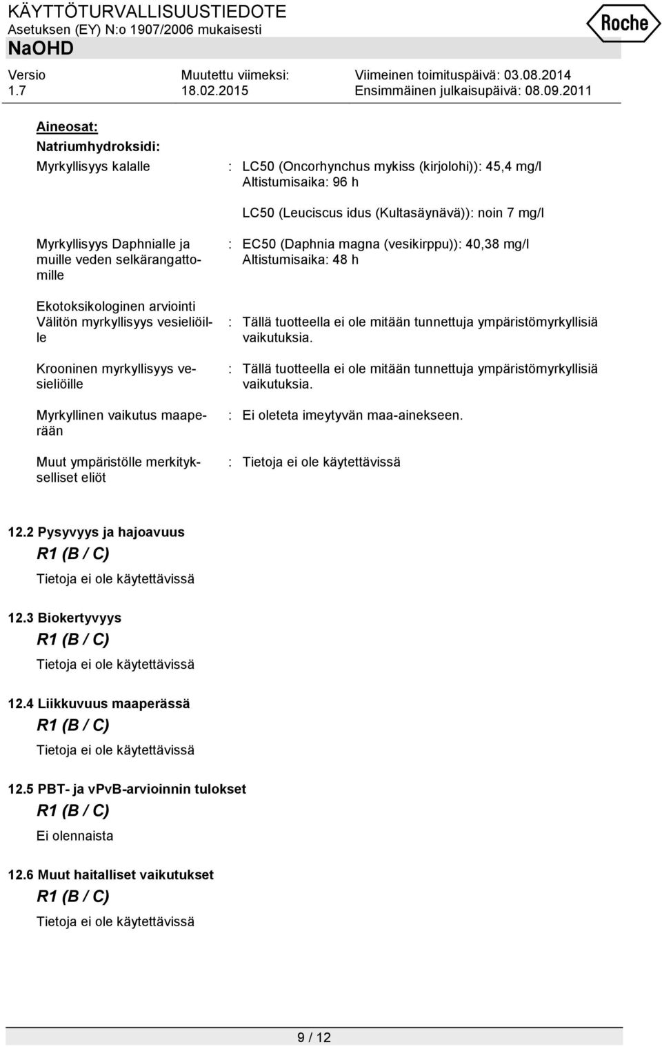 (Daphnia magna (vesikirppu)): 40,38 mg/l Altistumisaika: 48 h : Tällä tuotteella ei ole mitään tunnettuja ympäristömyrkyllisiä vaikutuksia.
