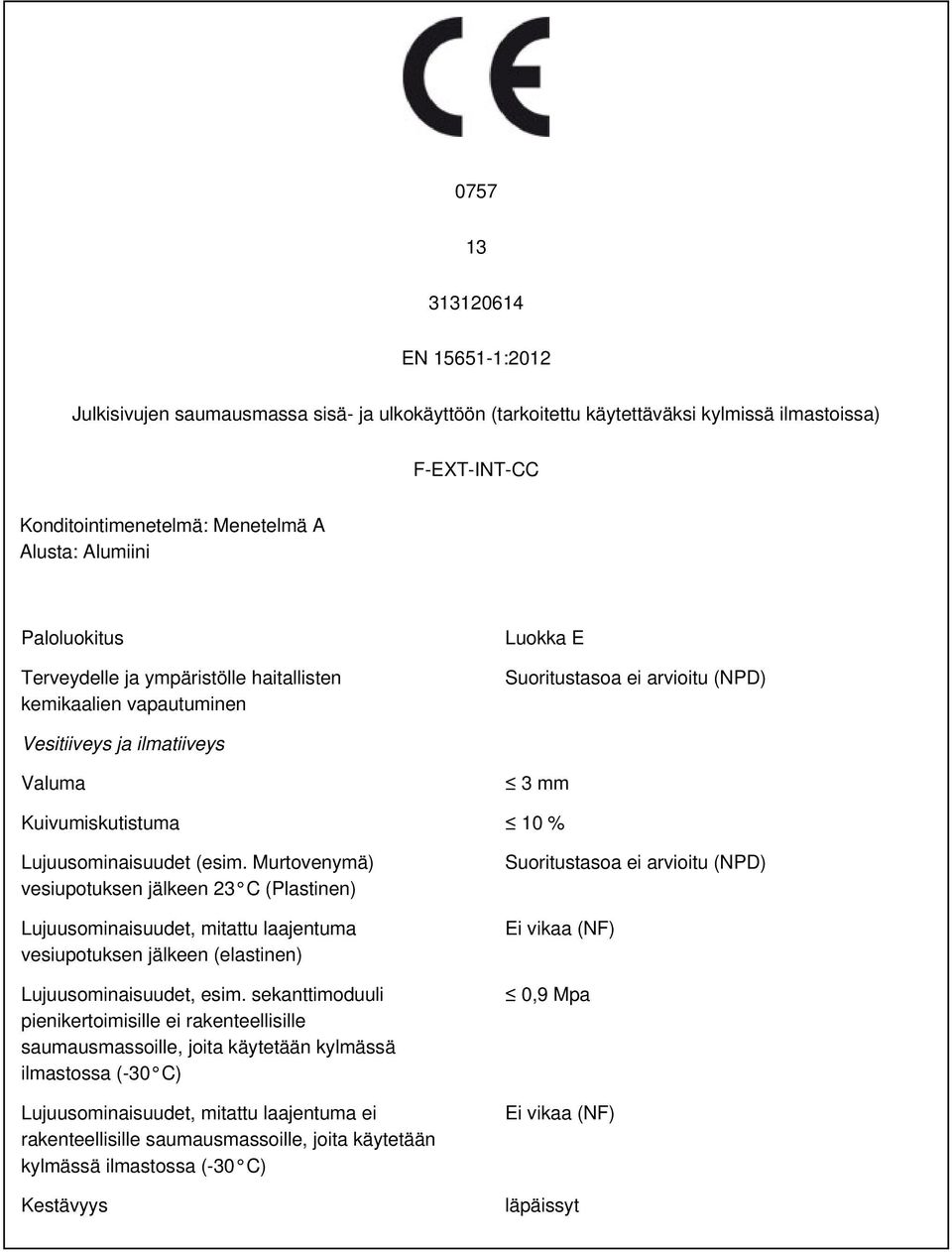 Murtovenymä) vesiupotuksen jälkeen 23 C (Plastinen) Lujuusominaisuudet, mitattu laajentuma vesiupotuksen jälkeen (elastinen) Lujuusominaisuudet, esim.