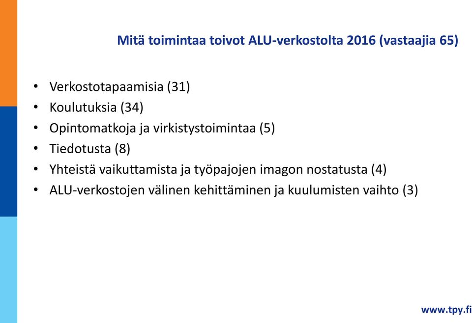 virkistystoimintaa (5) Tiedotusta (8) Yhteistä vaikuttamista ja