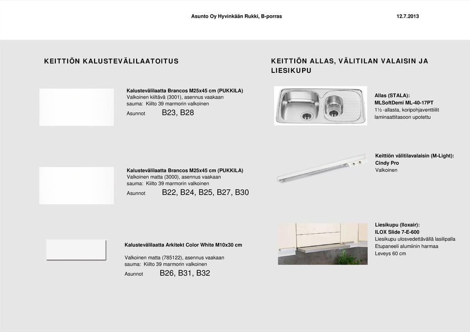 Valkoinen matta (3000), asennus vaakaan B22, B24, B25, B27, B30 Keittiön välitilavalaisin (M-Light): Cindy Pro Valkoinen Kalustevälilaatta Arkitekt Color White