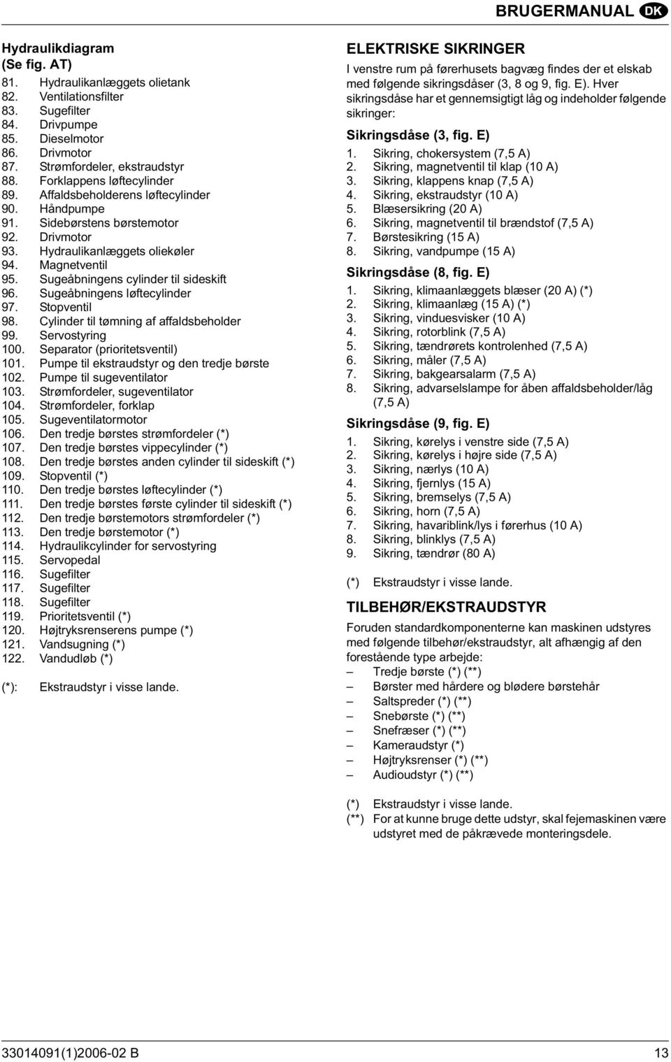 Sugeåbningens cylinder til sideskift 96. Sugeåbningens løftecylinder 97. Stopventil 98. Cylinder til tømning af affaldsbeholder 99. Servostyring 100. Separator (prioritetsventil) 101.