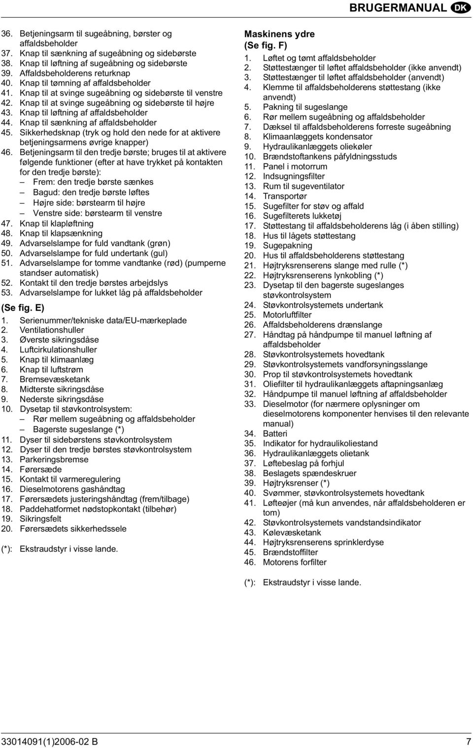 Knap til løftning af affaldsbeholder 44. Knap til sænkning af affaldsbeholder 45. Sikkerhedsknap (tryk og hold den nede for at aktivere betjeningsarmens øvrige knapper) 46.