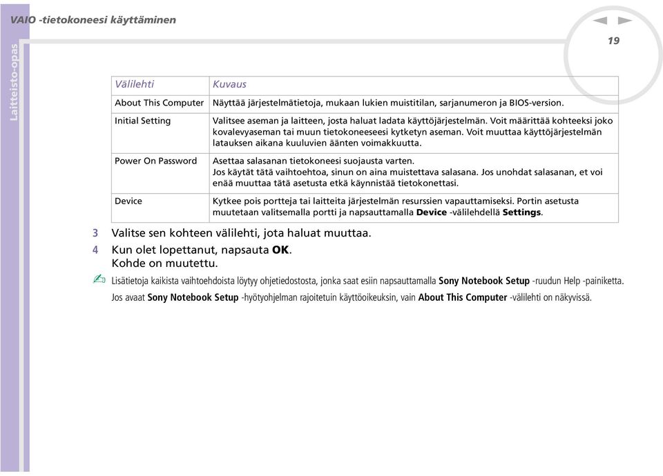 Voit muuttaa käyttöjärjestelmä lataukse aikaa kuuluvie ääte voimakkuutta. 19 Power O Password Device Asettaa salasaa tietokoeesi suojausta varte.