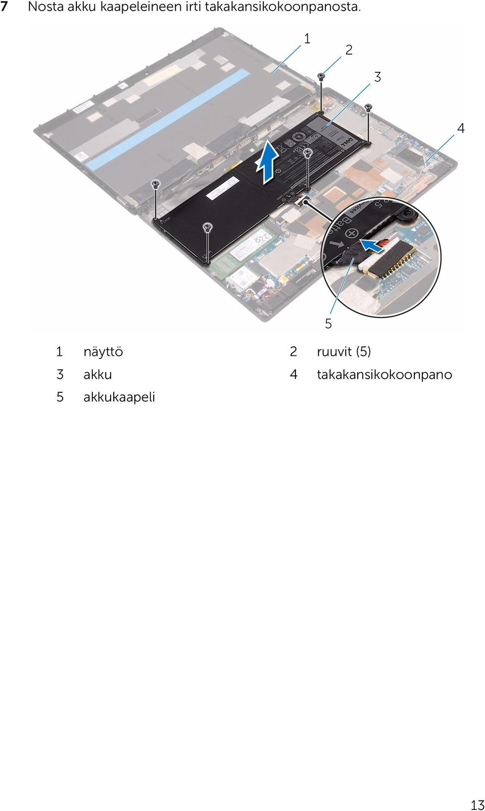 1 näyttö 2 ruuvit (5) 3 akku 4