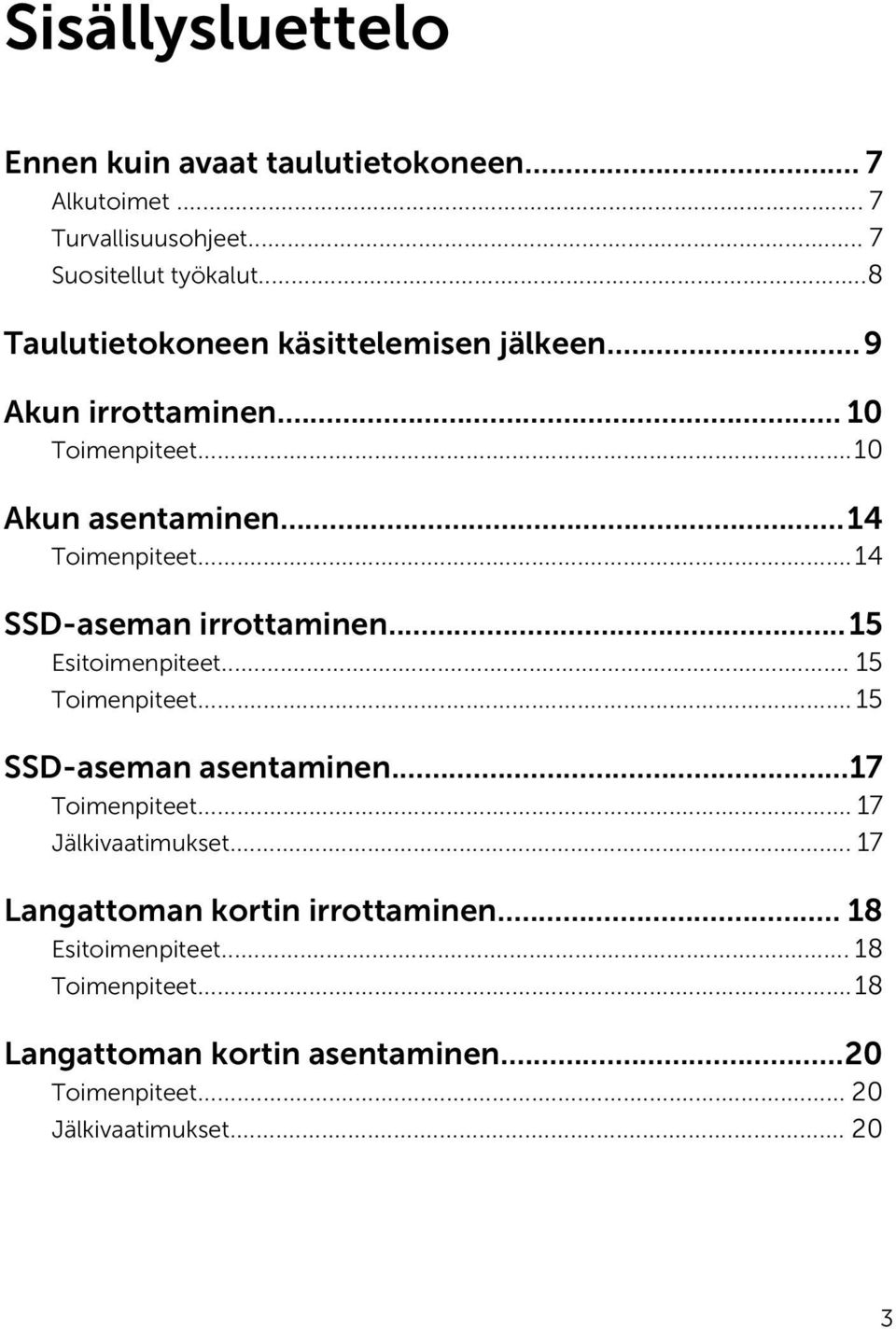 ..14 SSD-aseman irrottaminen...15 Esitoimenpiteet... 15 Toimenpiteet... 15 SSD-aseman asentaminen...17 Toimenpiteet.