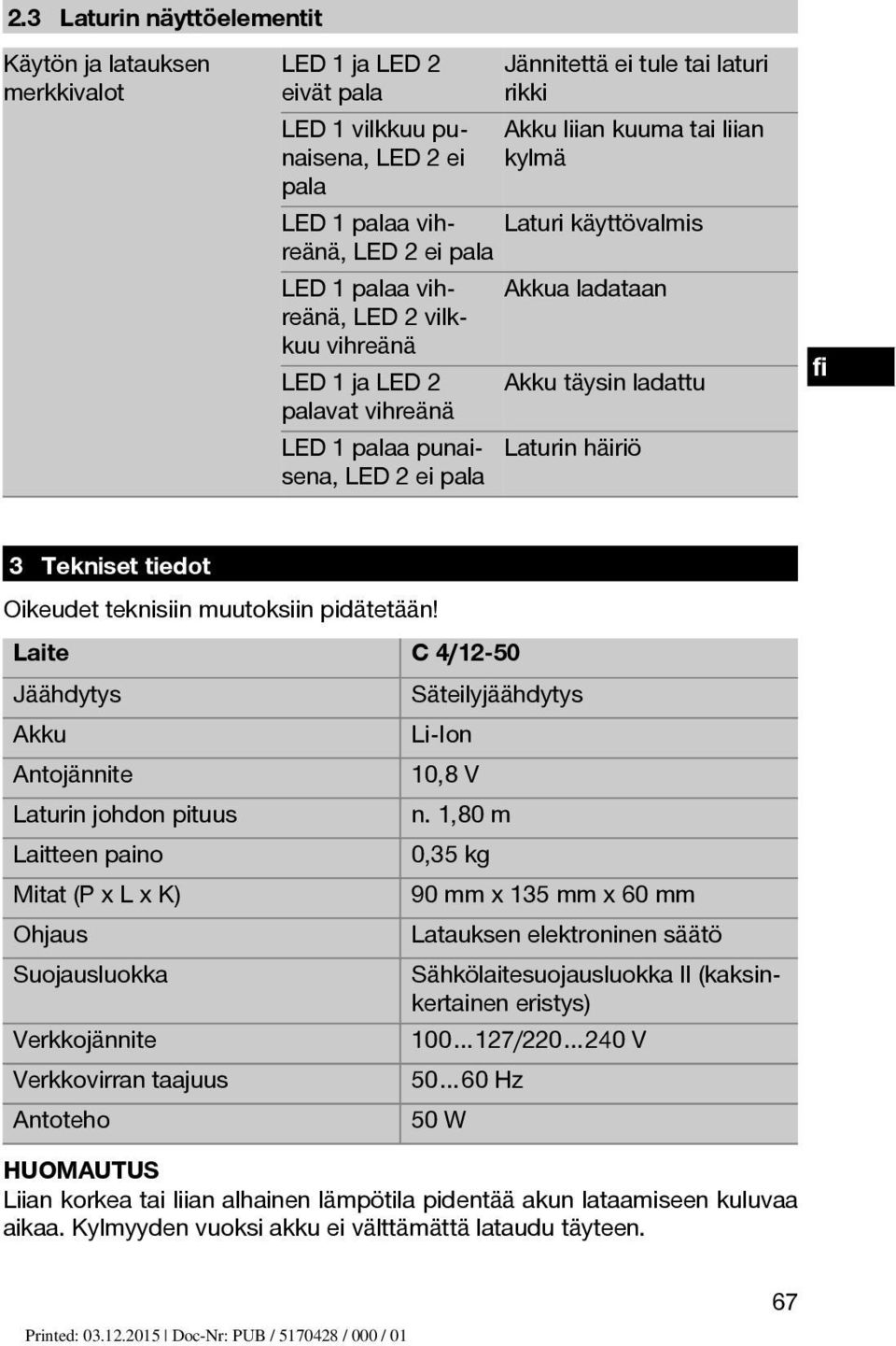 Laturin häiriö pala 3 Tekniset tiedot Oikeudet teknisiin muutoksiin pidätetään! Laite C 4/12 50 Jäähdytys Säteilyjäähdytys Akku Li-Ion Antojännite 10,8 V Laturinjohdonpituus n.