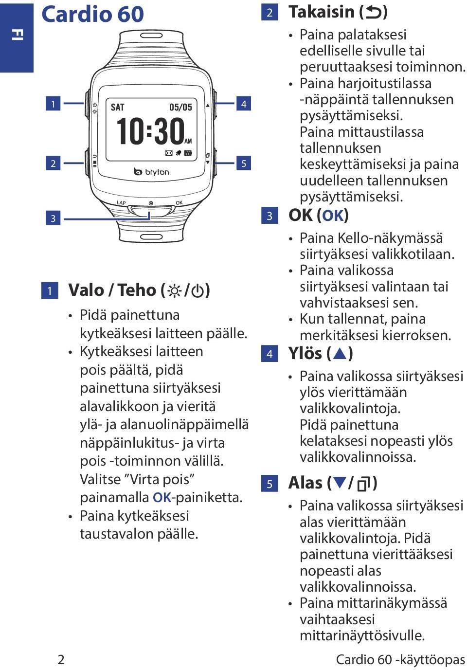 Valitse Virta pois Paina kytkeäksesi taustavalon päälle. AM 4 5 2 Takaisin ( ) Paina palataksesi edelliselle sivulle tai peruuttaaksesi toiminnon.