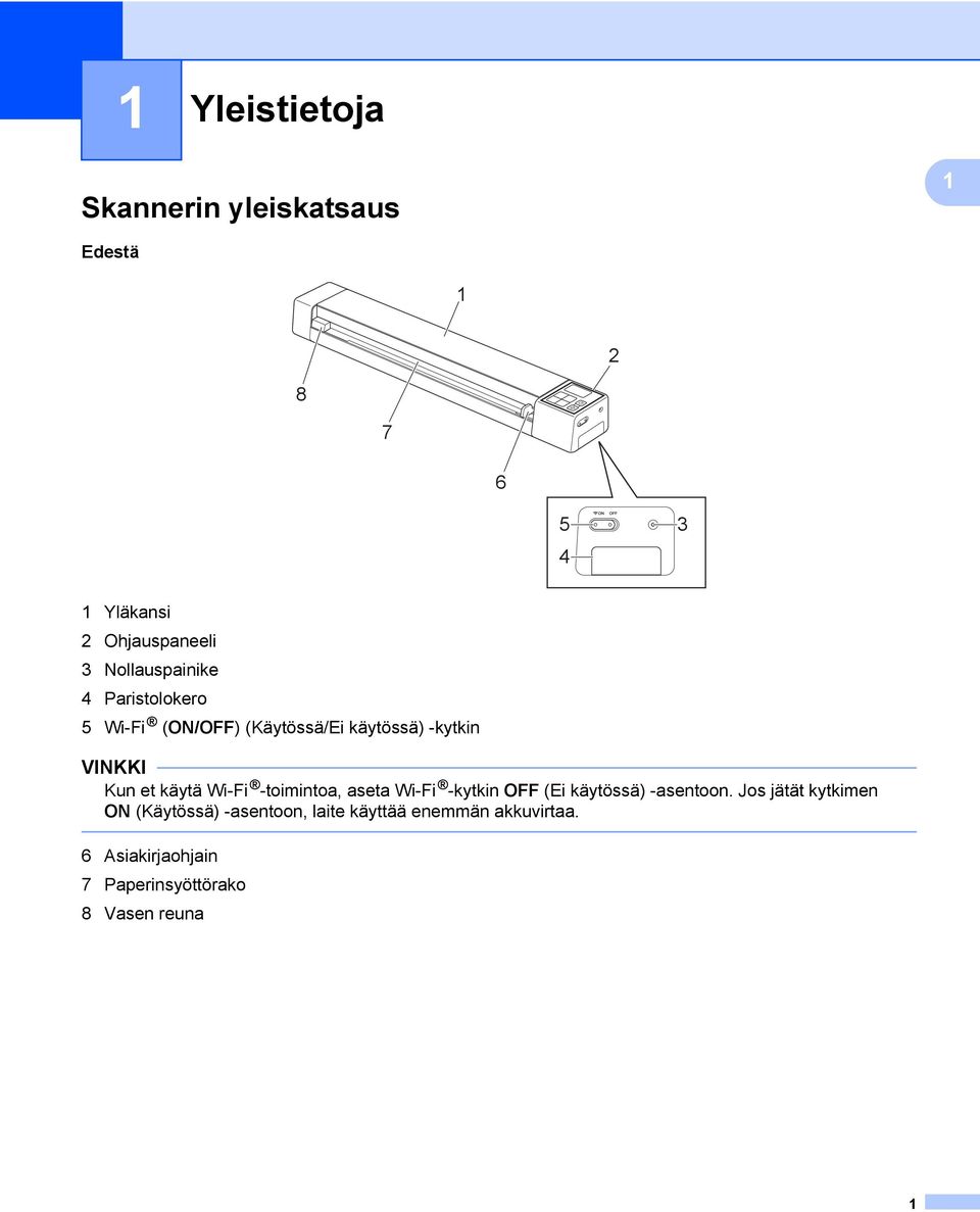 käytä Wi-Fi -toimintoa, aseta Wi-Fi -kytkin OFF (Ei käytössä) -asentoon.
