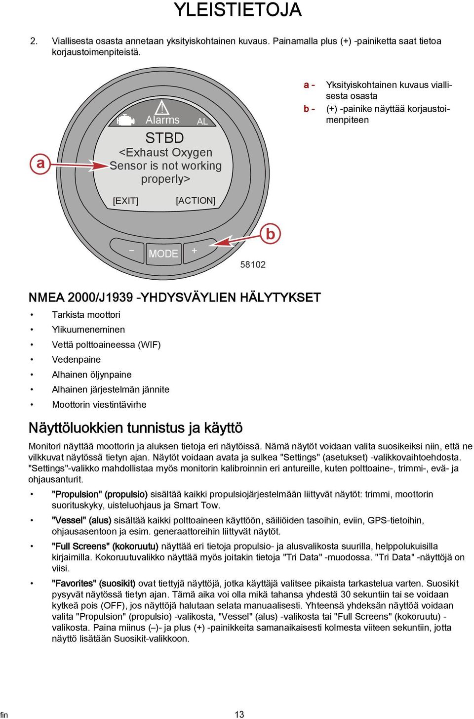 Alarms AL STBD <Exhaust Oxygen Sensor is not working properly> a - b - Yksityiskohtainen kuvaus viallisesta osasta (+) -painike näyttää korjaustoimenpiteen [EXIT] [ACTION] 58102 b NMEA 2000/J1939