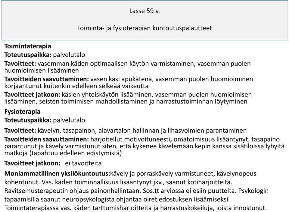 Tavoitteiden saavuttaminen: vasen käsi apukätenä, vasemman puolen huomioiminen korjaantunut kuitenkin edelleen selkeää vaikeutta Tavoitteet jatkoon: käsien yhteiskäytön lisääminen, vasemman puolen