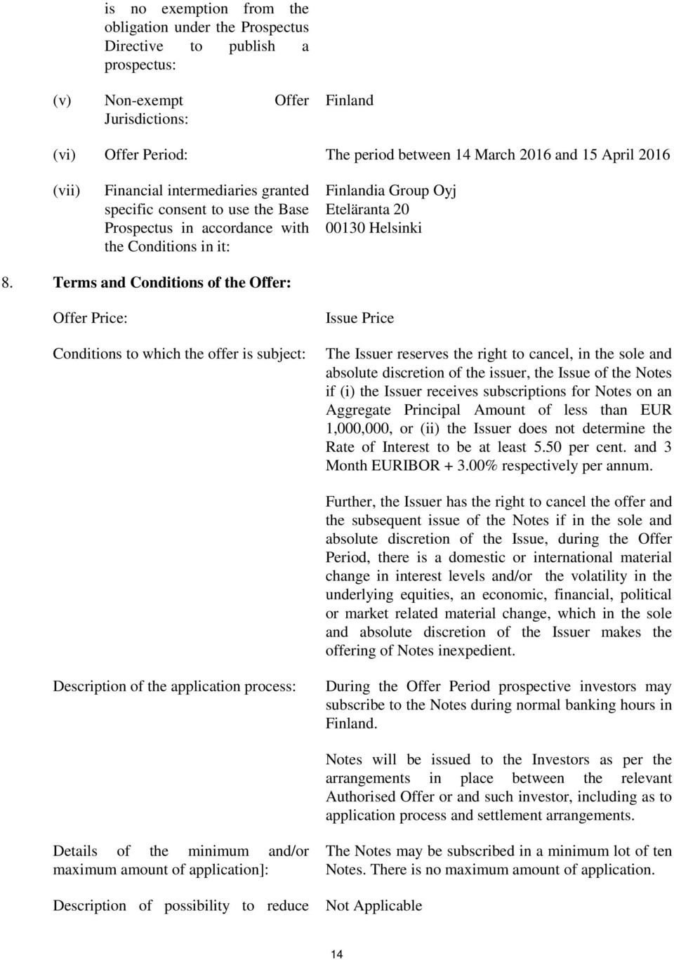 Terms and Conditions of the Offer: Offer Price: Conditions to which the offer is subject: Issue Price The Issuer reserves the right to cancel, in the sole and absolute discretion of the issuer, the