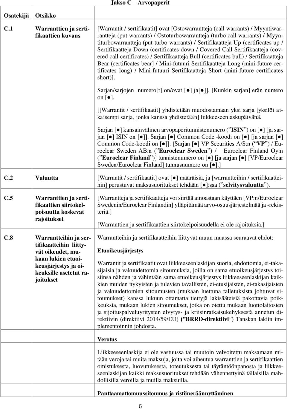 Myyntiturbowarrantteja (put turbo warrants) / Sertifikaatteja Up (certificates up / Sertifikaatteja Down (certificates down / Covered Call Sertifikaatteja (covered call certificates) /