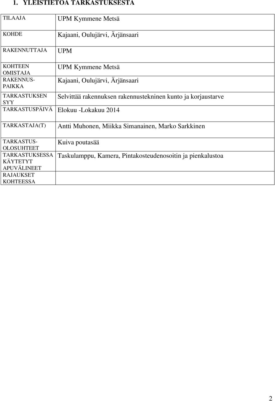 korjaustarve TARKASTUSPÄIVÄ Elokuu -Lokakuu 2014 TARKASTAJA(T) TARKASTUS- OLOSUHTEET TARKASTUKSESSA KÄYTETYT APUVÄLINEET RAJAUKSET