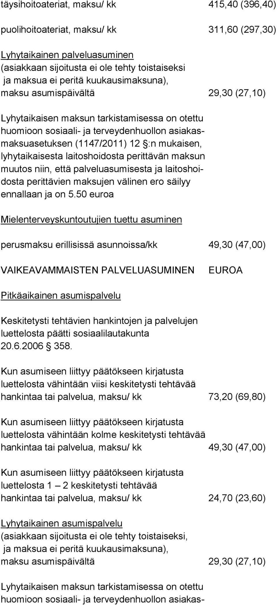 lyhytaikaisesta laitoshoidosta perittävän maksun muutos niin, että palveluasumisesta ja laitoshoidosta perittävien maksujen välinen ero säilyy ennallaan ja on 5.