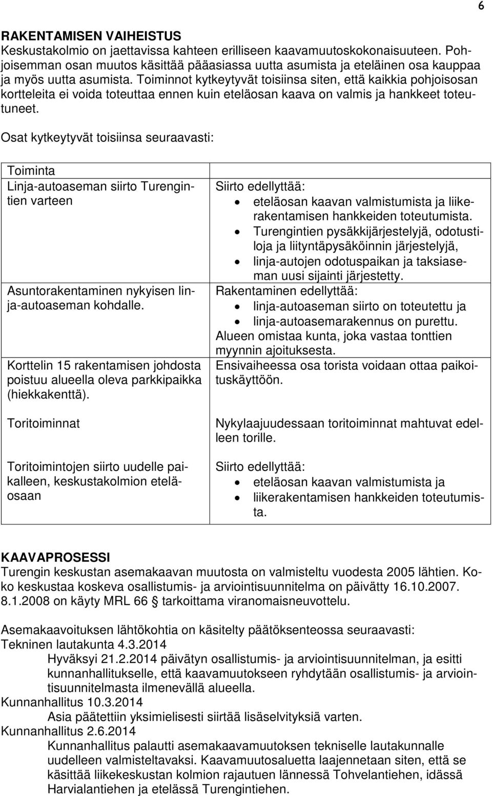 Toiminnot kytkeytyvät toisiinsa siten, että kaikkia pohjoisosan kortteleita ei voida toteuttaa ennen kuin eteläosan kaava on valmis ja hankkeet toteutuneet.