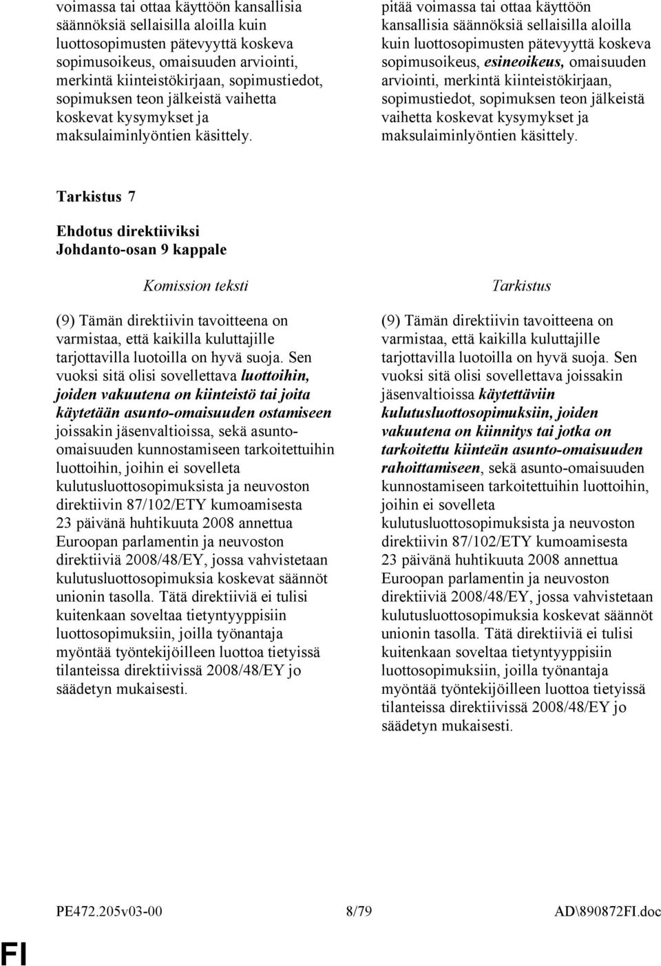 pitää voimassa tai ottaa käyttöön kansallisia säännöksiä sellaisilla aloilla kuin luottosopimusten pätevyyttä koskeva sopimusoikeus, esineoikeus, omaisuuden arviointi, merkintä kiinteistökirjaan,