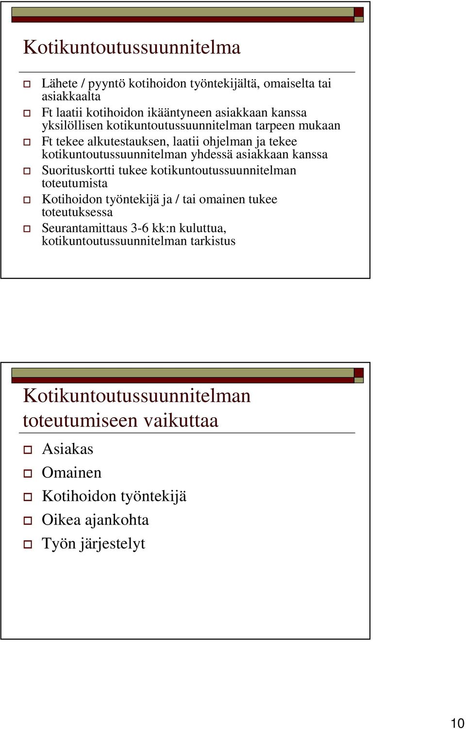 kanssa Suorituskortti tukee kotikuntoutussuunnitelman toteutumista Kotihoidon työntekijä ja / tai omainen tukee toteutuksessa Seurantamittaus 3-6 kk:n