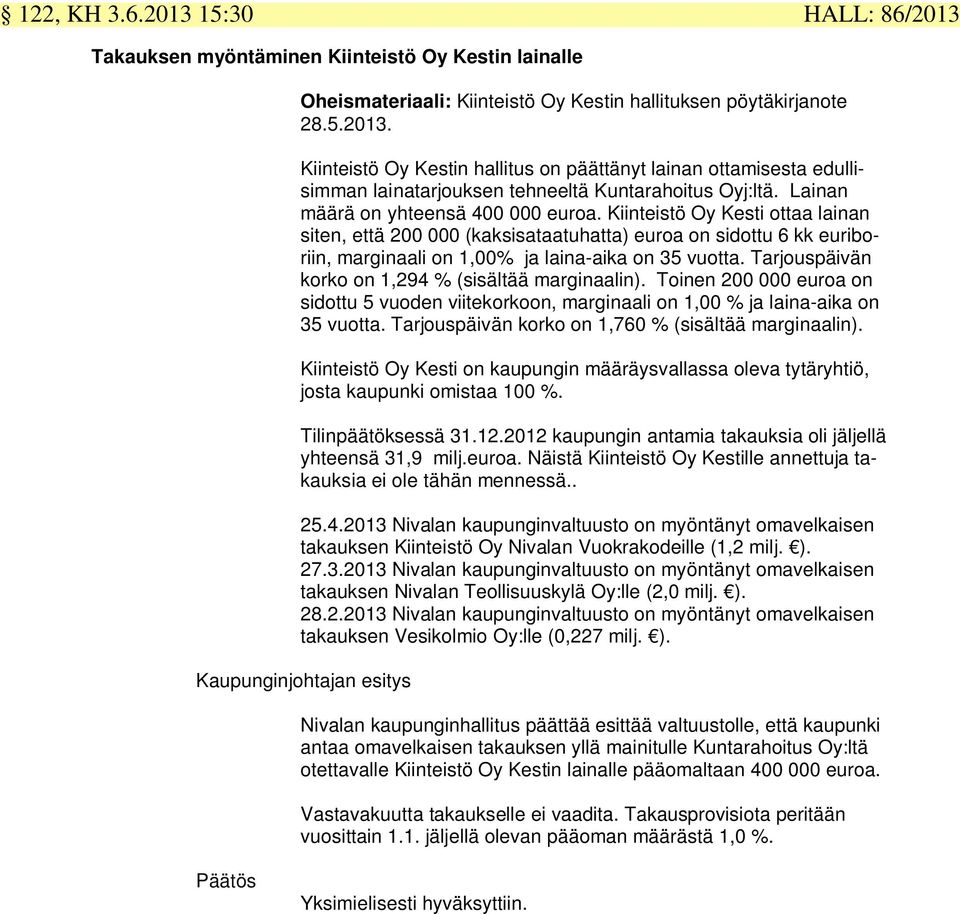 Tarjouspäivän korko on 1,294 % (sisältää marginaalin). Toinen 200 000 euroa on sidottu 5 vuoden viitekorkoon, marginaali on 1,00 % ja laina-aika on 35 vuotta.