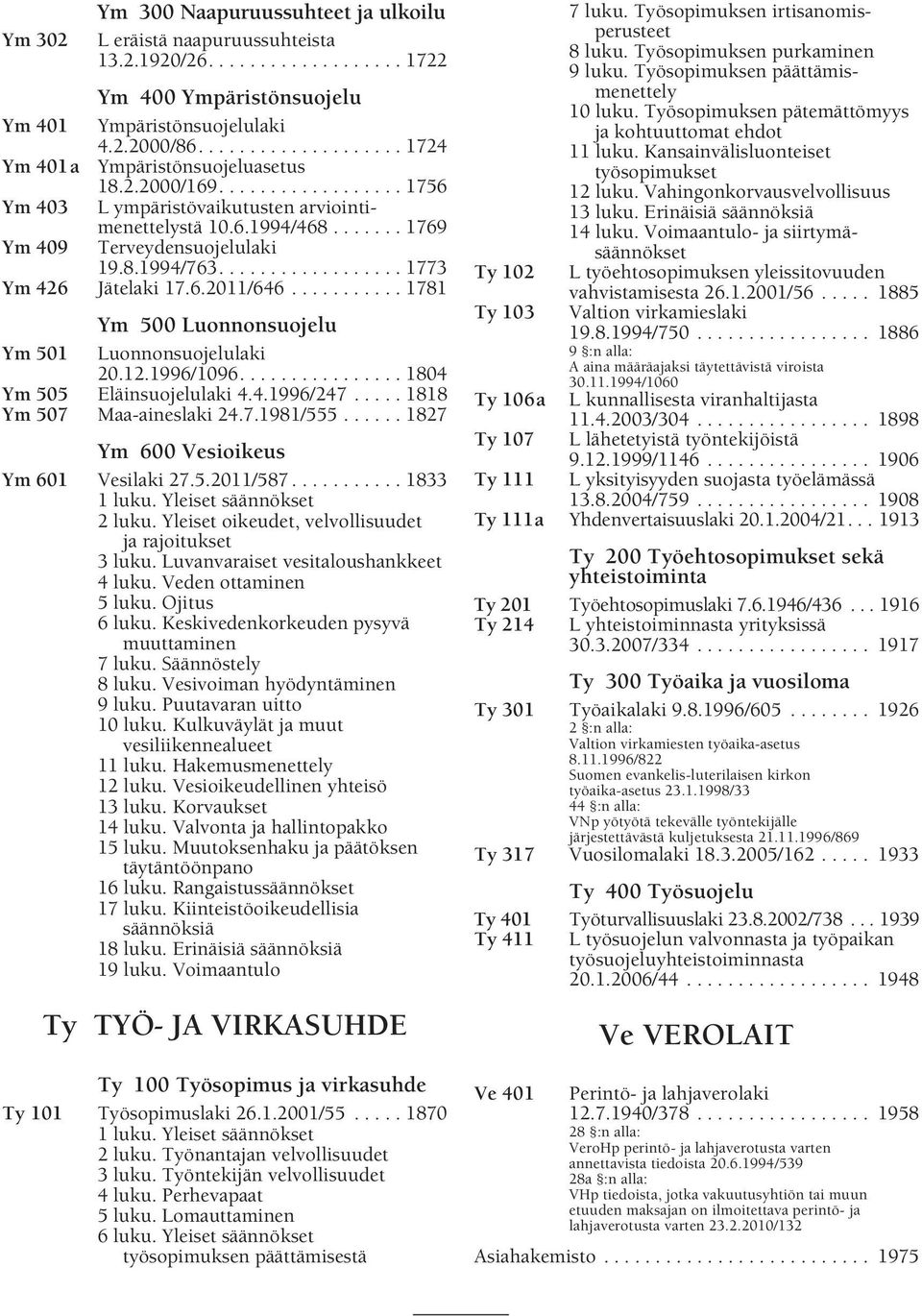 8.1994/763.................. 1773 Ym 426 Jätelaki 17.6.2011/646........... 1781 Ym 500 Luonnonsuojelu Ym 501 Luonnonsuojelulaki 20.12.1996/1096................ 1804 Ym 505 Eläinsuojelulaki 4.4.1996/247.