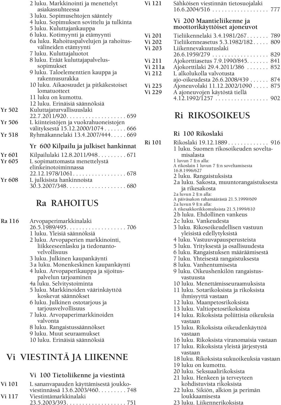 Aikaosuudet ja pitkäkestoiset lomatuotteet 11 luku on kumottu. 12 luku. Erinäisiä säännöksiä Yr 502 Kuluttajaturvallisuuslaki 22.7.2011/920.