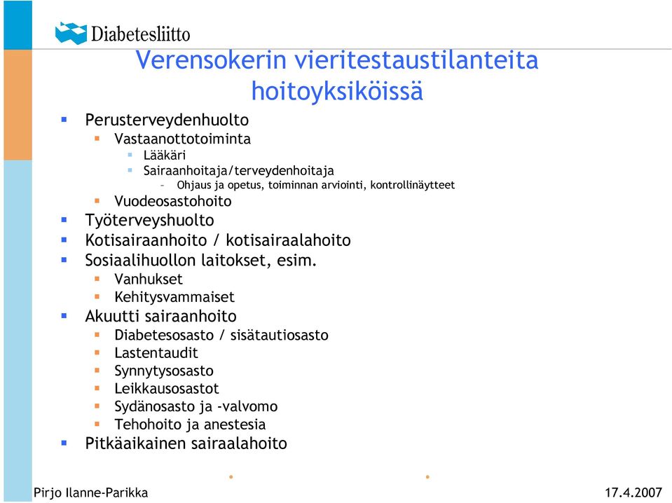 Kotisairaanhoito / kotisairaalahoito Sosiaalihuollon laitokset, esim.