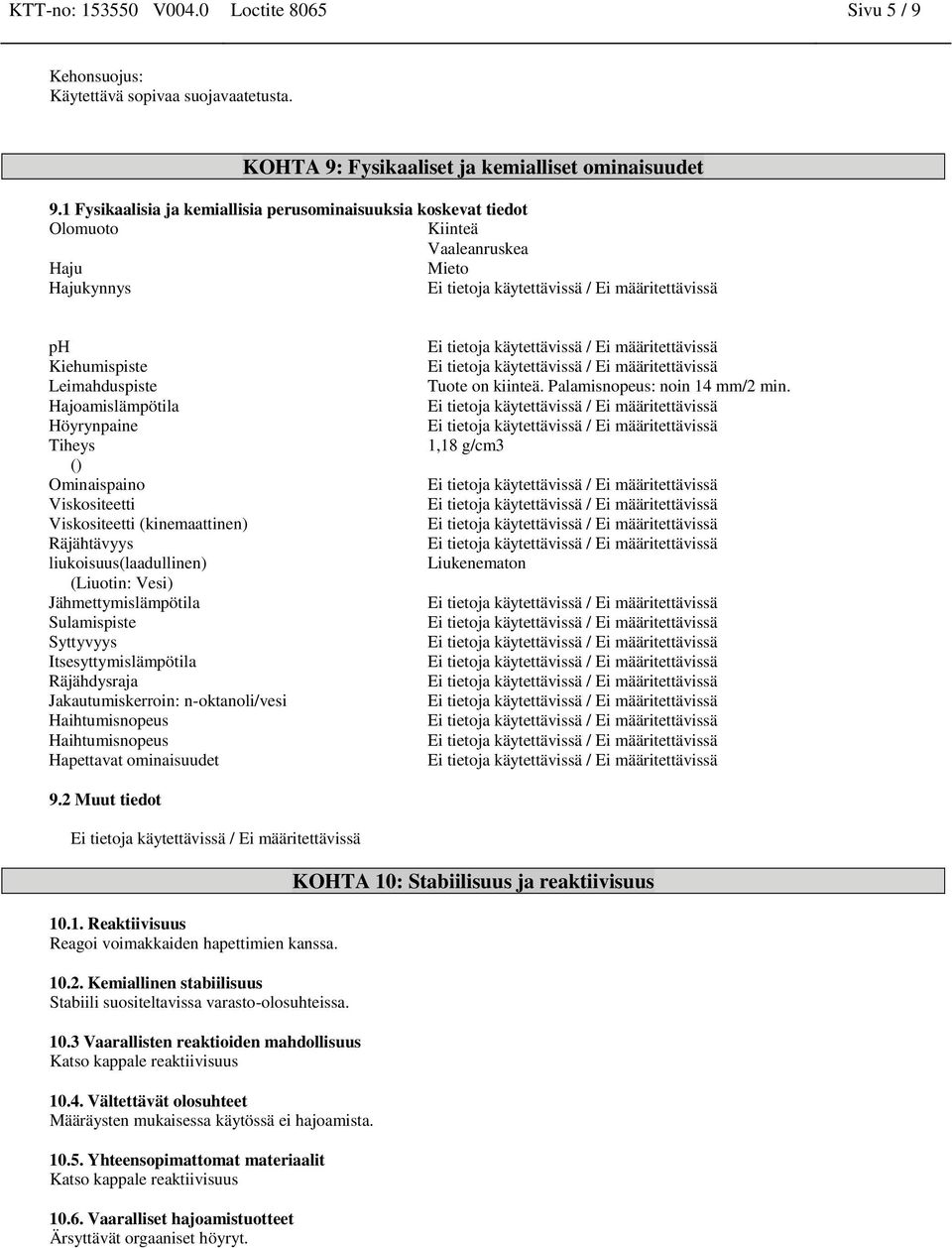 Ominaispaino Viskositeetti Viskositeetti (kinemaattinen) Räjähtävyys liukoisuus(laadullinen) (Liuotin: Vesi) Jähmettymislämpötila Sulamispiste Syttyvyys Itsesyttymislämpötila Räjähdysraja