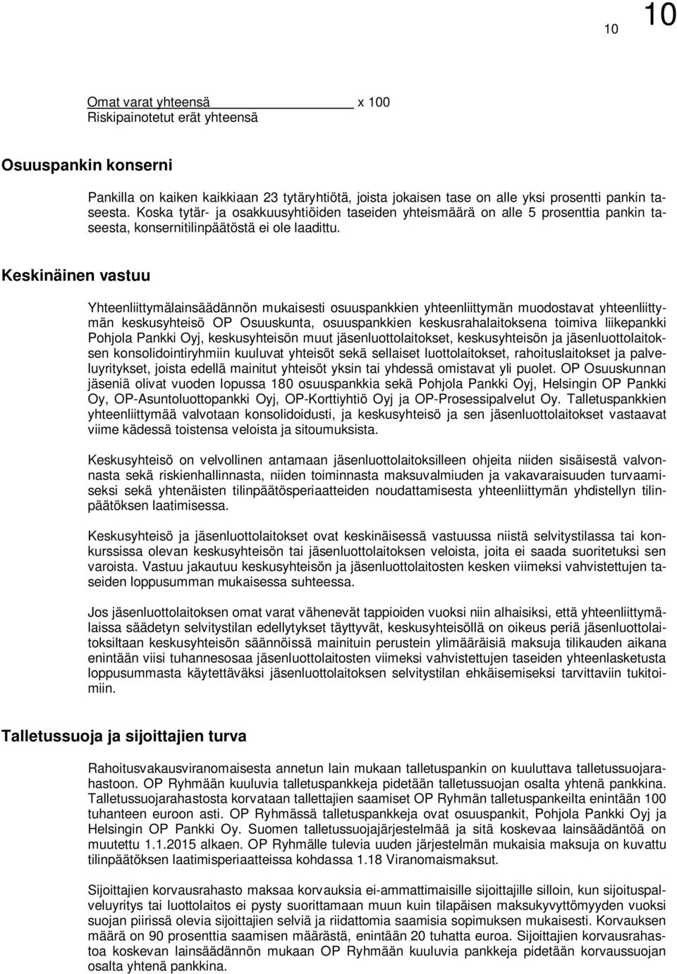 Keskinäinen vastuu Yhteenliittymälainsäädännön mukaisesti osuuspankkien yhteenliittymän muodostavat yhteenliittymän keskusyhteisö OP Osuuskunta, osuuspankkien keskusrahalaitoksena toimiva liikepankki