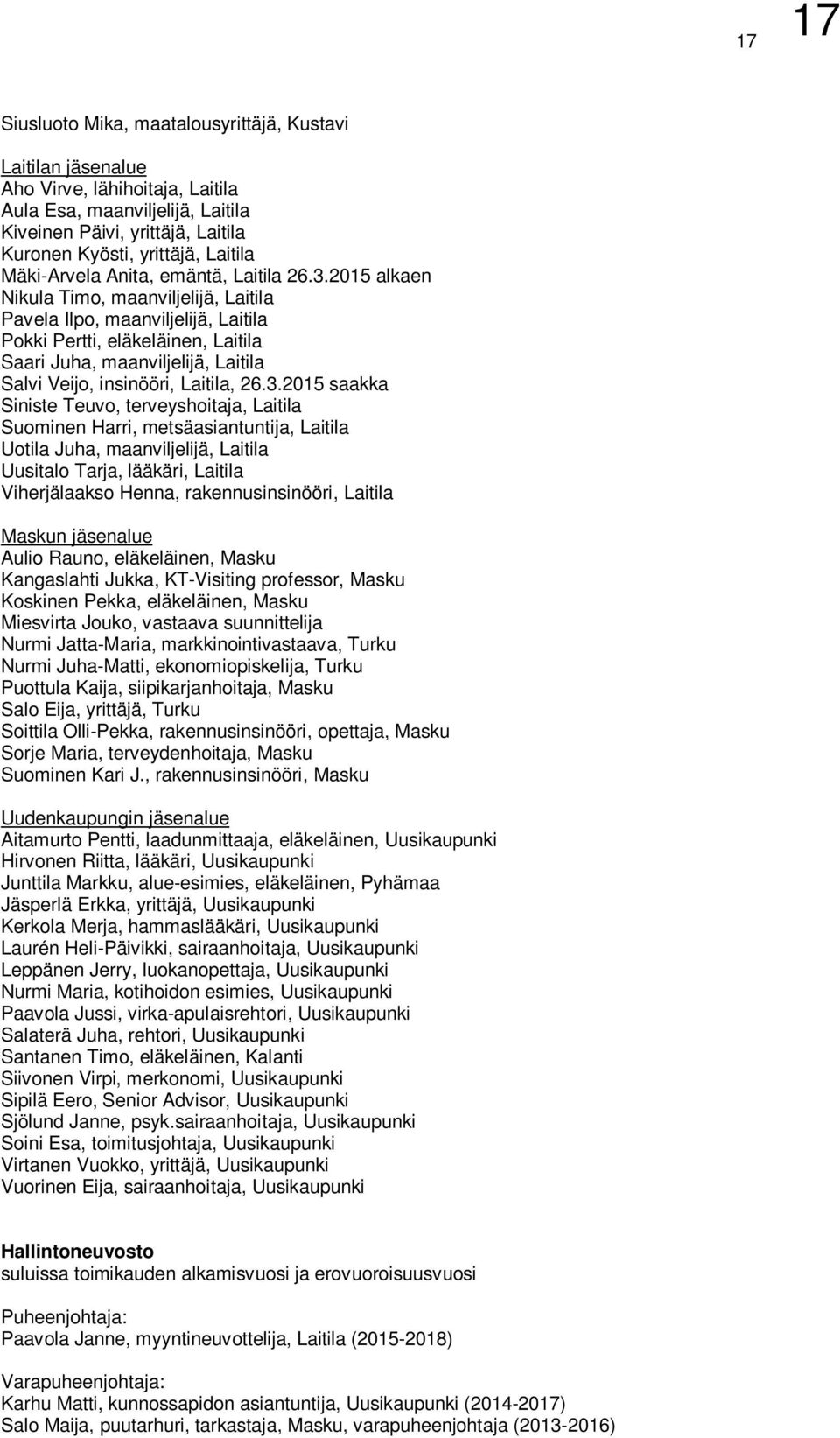 2015 alkaen Nikula Timo, maanviljelijä, Laitila Pavela Ilpo, maanviljelijä, Laitila Pokki Pertti, eläkeläinen, Laitila Saari Juha, maanviljelijä, Laitila Salvi Veijo, insinööri, Laitila, 26.3.