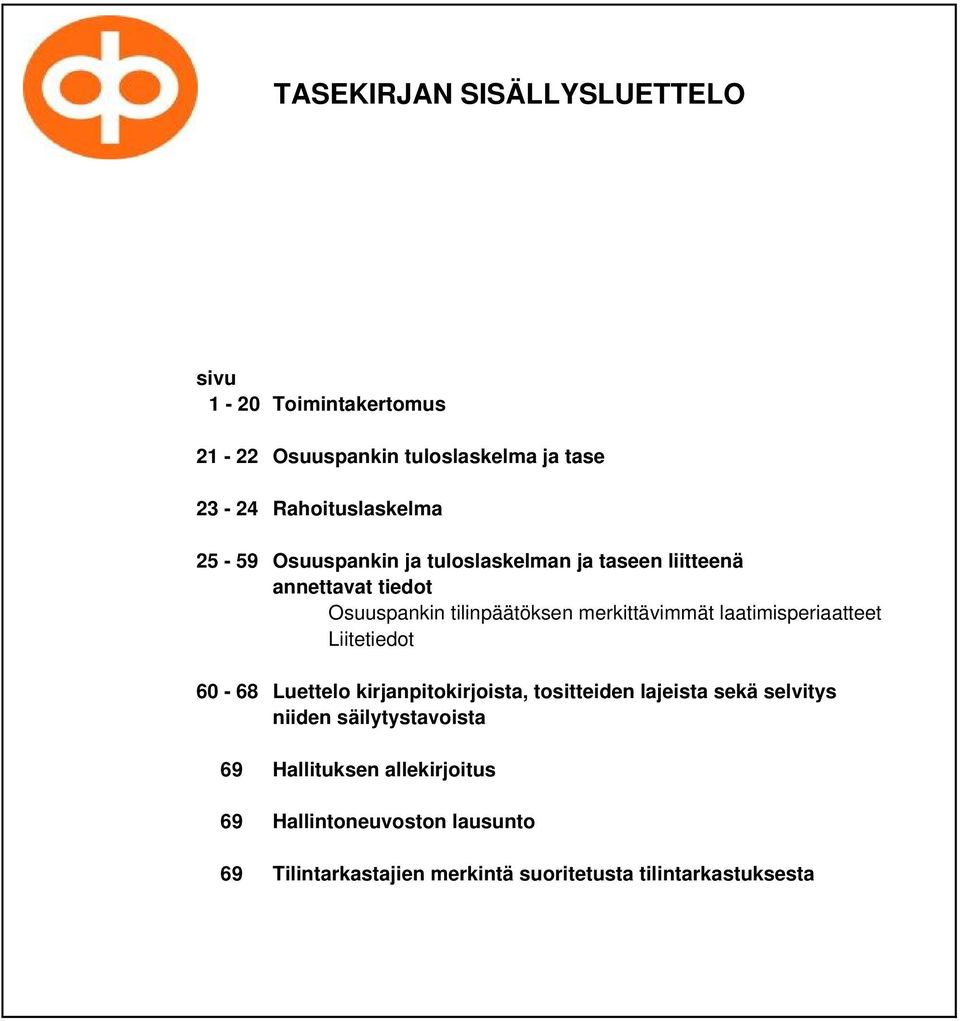 laatimisperiaatteet Liitetiedot 60-68 Luettelo kirjanpitokirjoista, tositteiden lajeista sekä selvitys niiden