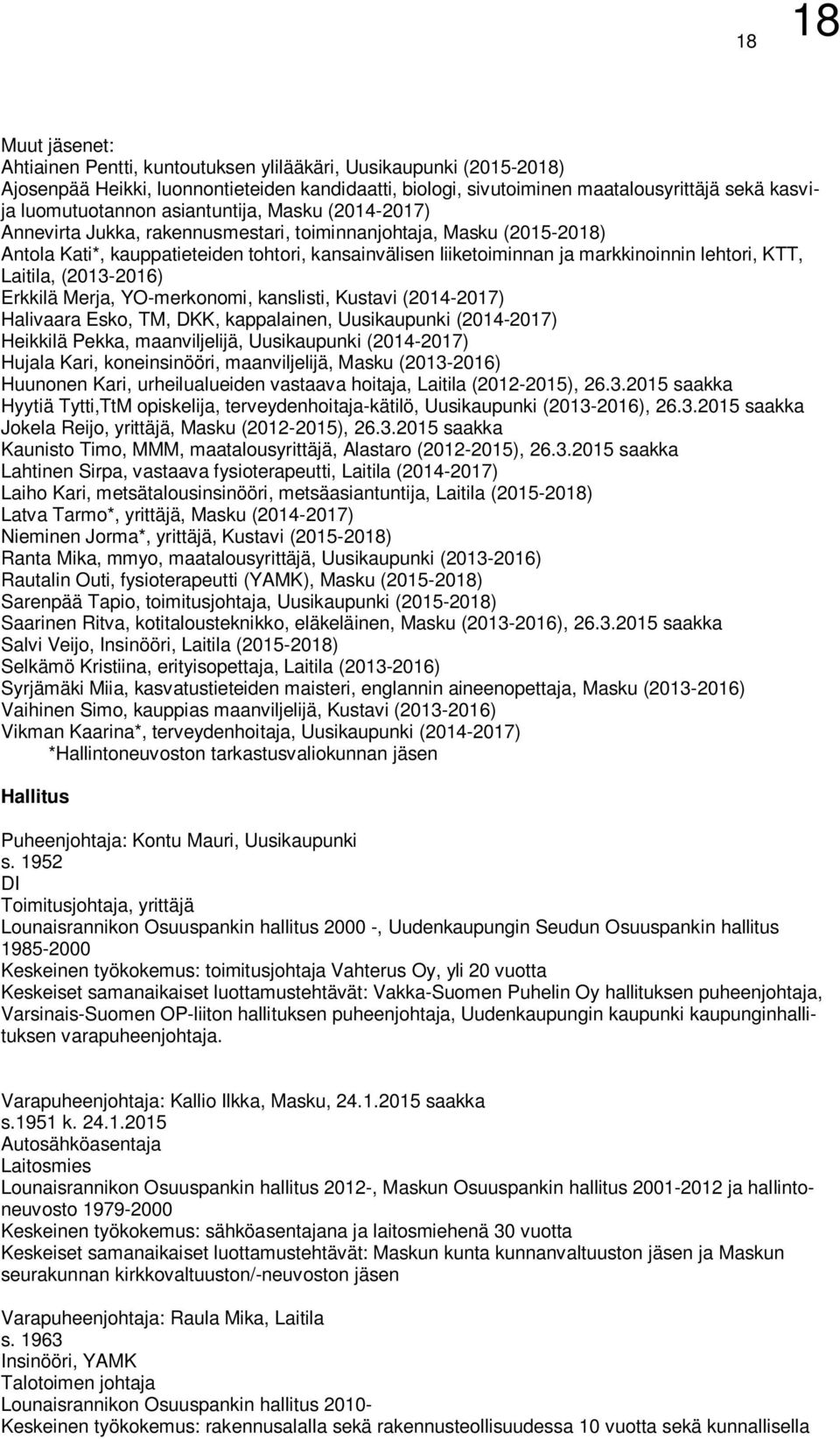 markkinoinnin lehtori, KTT, Laitila, (2013-2016) Erkkilä Merja, YO-merkonomi, kanslisti, Kustavi (2014-2017) Halivaara Esko, TM, DKK, kappalainen, Uusikaupunki (2014-2017) Heikkilä Pekka,
